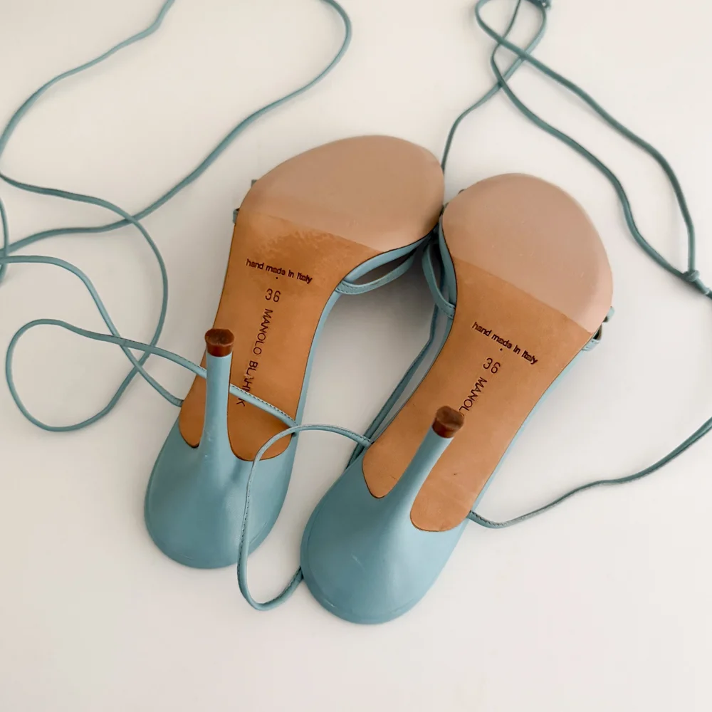 Manolo Blahnik Blue Ankle Wrap Sandal Heels (IT 36) — sororité.